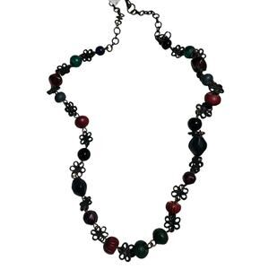 Vintage Floral Charms Multi Color Glass Beads Single Strand Necklace Black Metal